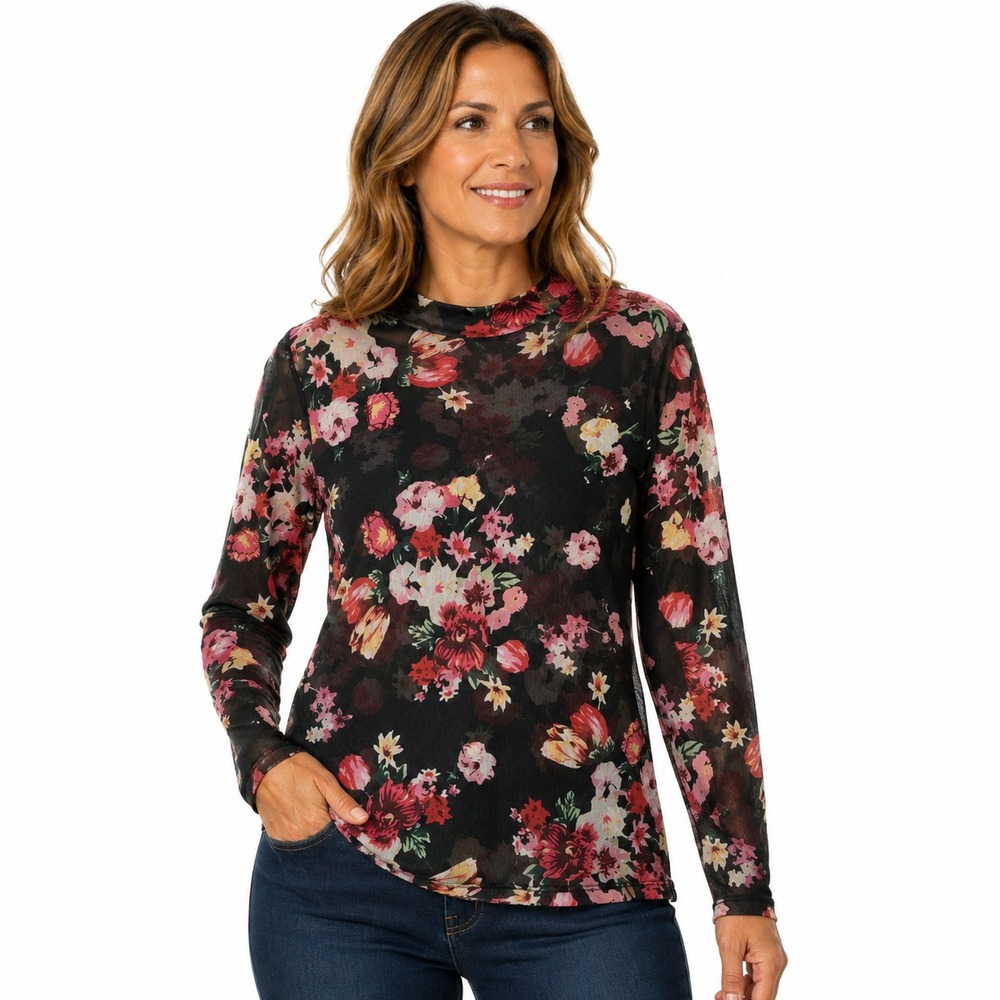 Bemor Run Women XL Floral Mesh MockNeck Top Long Slv Sheer Layering Fairy Coquet
